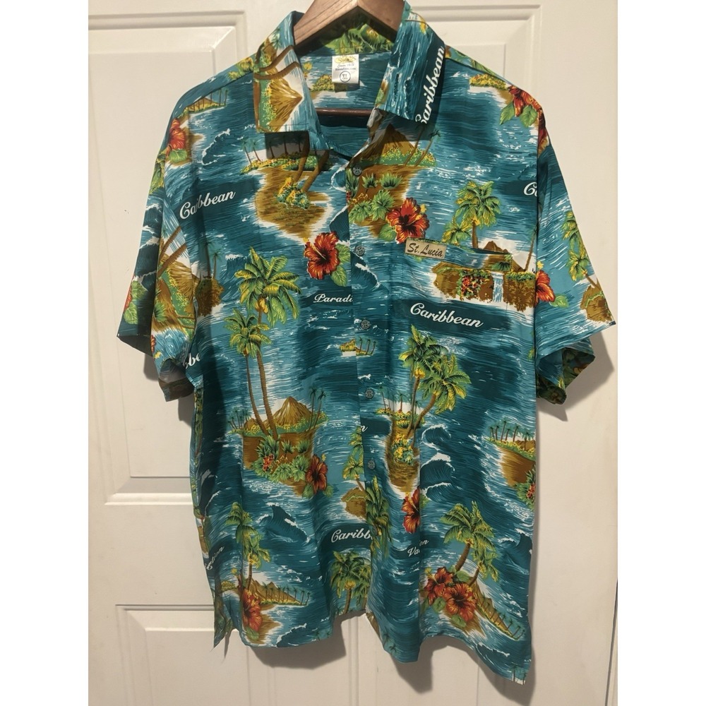 Hawaiian Shirt XL St Lucia Men's Print Split Hem Blue Caribbean‎ Short Sleeve